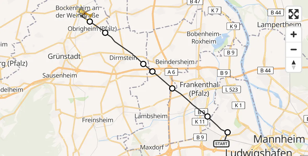 Flugroute Rettungshubschrauber Ludwigshafen Accident Hospital - Bockenheim an der Weinstraße, 07 April 2026, 09:23