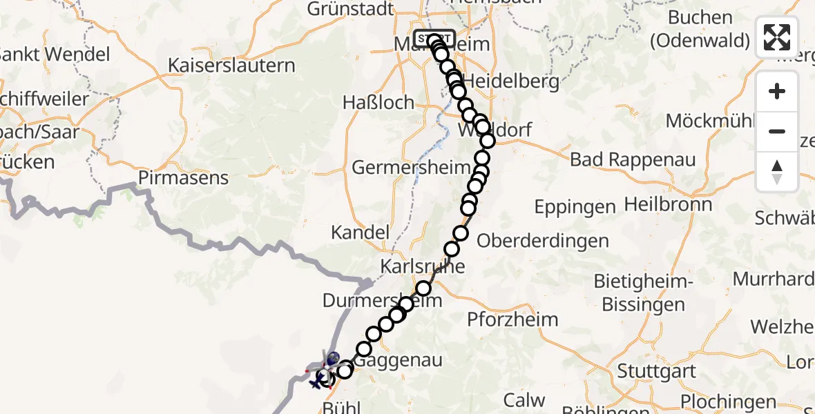 Flugroute Polizeihubschrauber Mannheim - Karlsruhe Baden-Baden Flughafen, 07 April 2026, 09:33