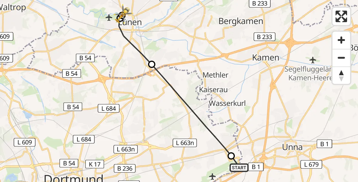 Flugroute Rettungshubschrauber Unna - Sankt Marien Hospital, 07 April 2026, 09:39