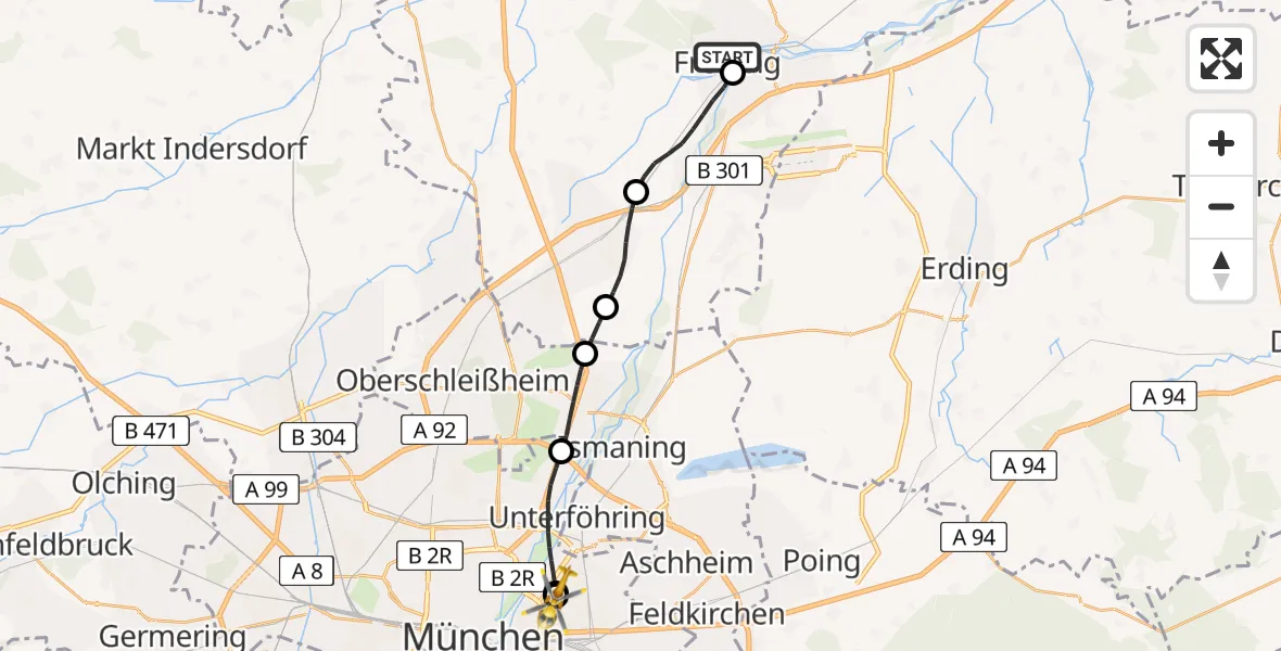 Flugroute Rettungshubschrauber Freising Clinic Hubschrauberlandeplatz - München Bogenhausen Hospital, 07 April 2026, 09:45