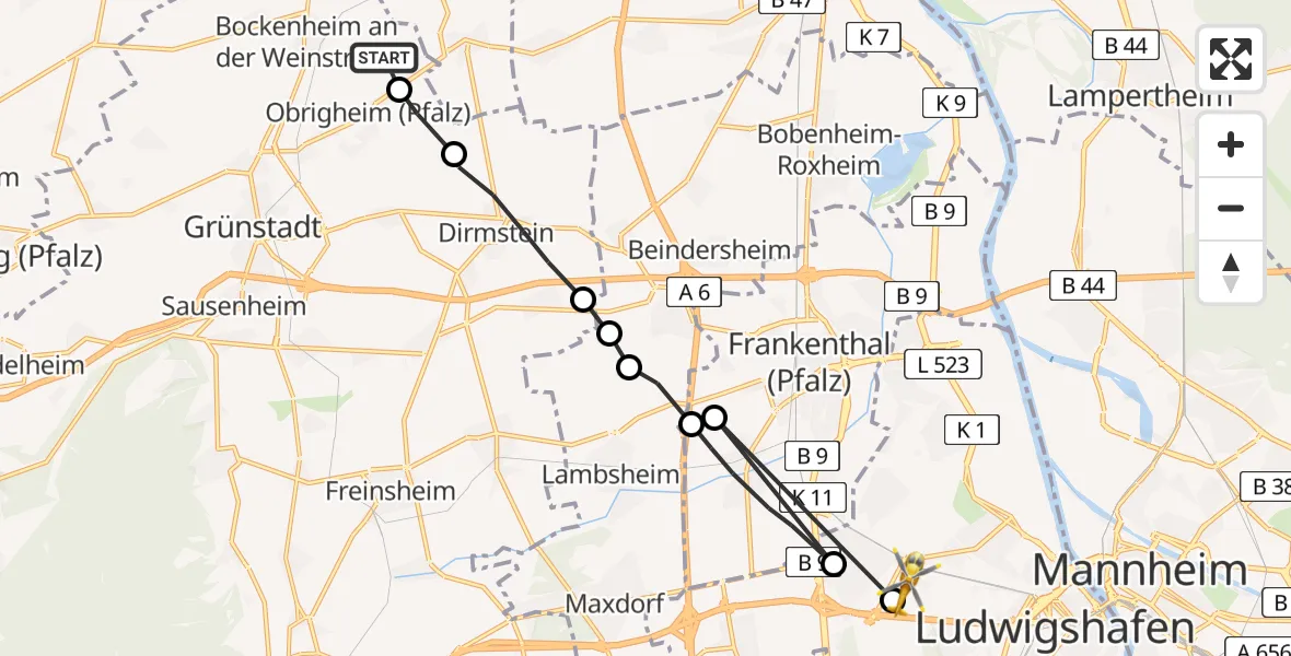 Flugroute Rettungshubschrauber Bockenheim an der Weinstraße - Ludwigshafen Accident Hospital, 07 April 2026, 09:52