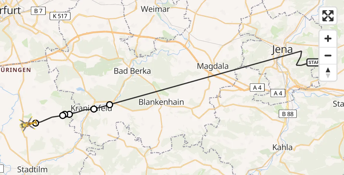 Flugroute Rettungshubschrauber Jena - Bösleben-Wüllersleben, 07 April 2026, 09:53