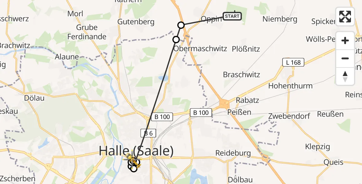 Flugroute Ambulanzhubschrauber Halle-Oppin Flugplatz - Sankt Elisabeth and Sankt Barbara Hospital Halle (Saale), 07 April 2026, 10:16