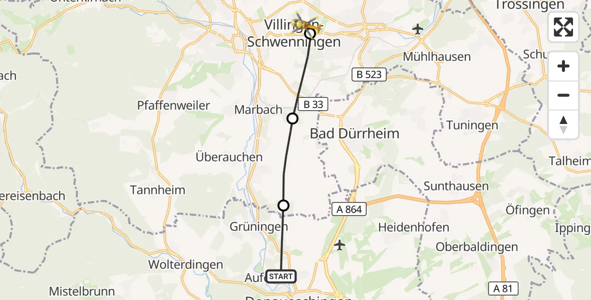 Flugroute Rettungshubschrauber Donaueschingen - DRF Air Rescue Station Villingen-Schwenningen Hubschrauberlandeplatz (Christoph 11), 07 April 2026, 10:21