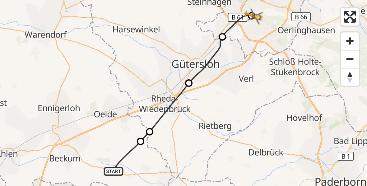Flugroute Rettungshubschrauber Wadersloh - Luftrettungszentrum Bielefeld, 07 April 2026, 10:23