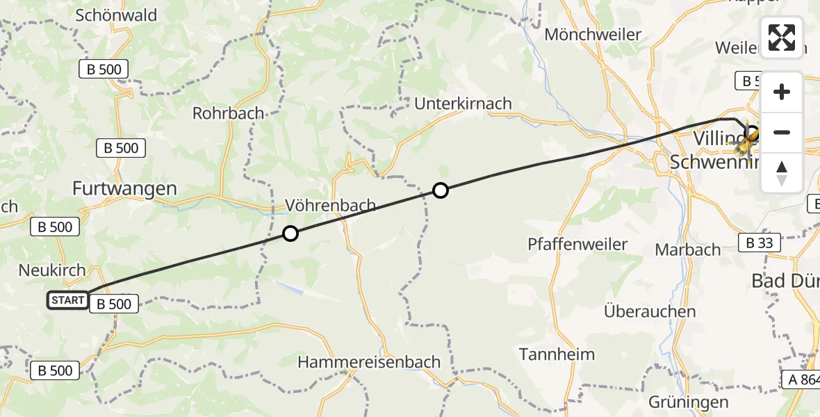 Flugroute Rettungshubschrauber Furtwangen im Schwarzwald - DRF Air Rescue Station Villingen-Schwenningen Hubschrauberlandeplatz (Christoph 11), 07 April 2026, 10:28
