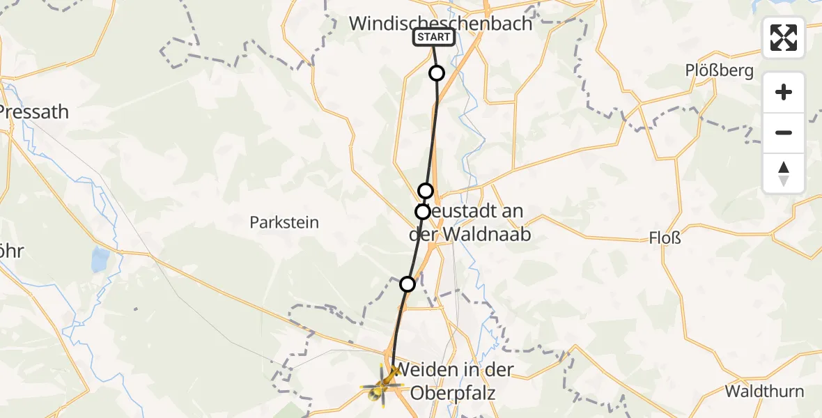 Flugroute Rettungshubschrauber Windischeschenbach - Weiden i.d.OPf., 07 April 2026, 10:35