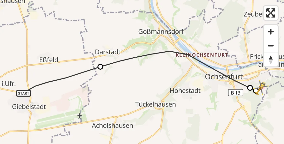 Flugroute Rettungshubschrauber Giebelstadt - Ochsenfurt Hospital, 07 April 2026, 10:48