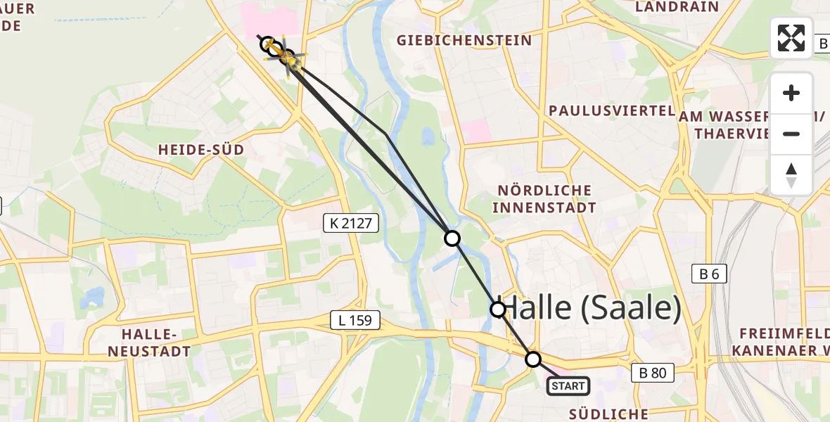 Flugroute Ambulanzhubschrauber Sankt Elisabeth and Sankt Barbara Hospital Halle (Saale) - Halle (Saale) University Hospital, 07 April 2026, 11:00