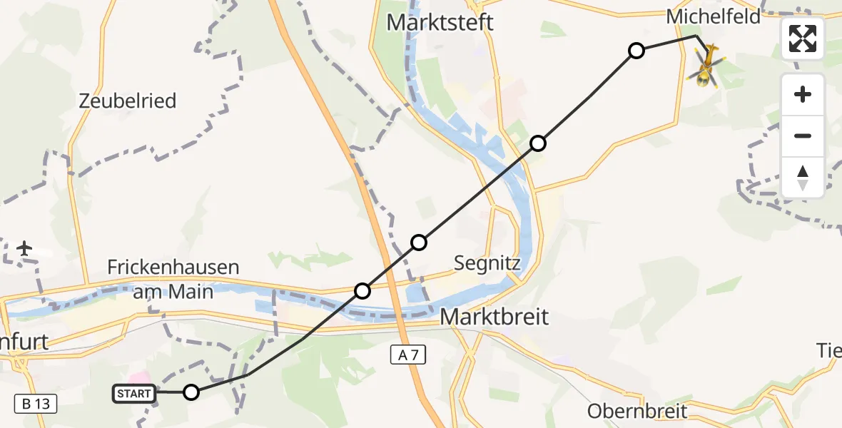 Flugroute Rettungshubschrauber Ochsenfurt Hospital - Marktsteft, 07 April 2026, 11:01