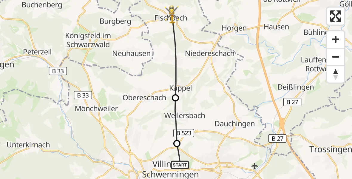 Flugroute Rettungshubschrauber DRF Air Rescue Station Villingen-Schwenningen Hubschrauberlandeplatz (Christoph 11) - Niedereschach, 07 April 2026, 11:02
