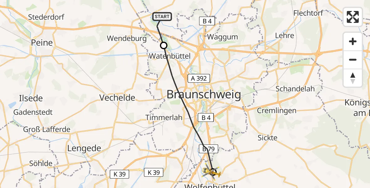 Flugroute Rettungshubschrauber Schwülper - Wolfenbüttel Municipal Hospital Heliport (Christoph 30), 07 April 2026, 11:08