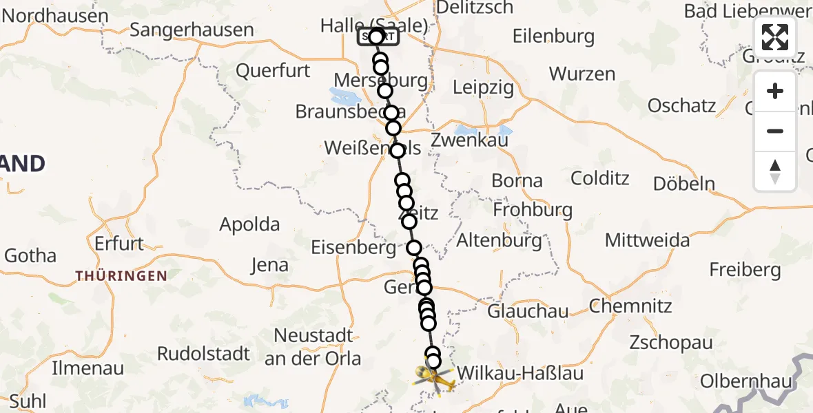 Flugroute Ambulanzhubschrauber BG Hospital Bergmannstrost Halle - Greiz, 07 April 2026, 11:13