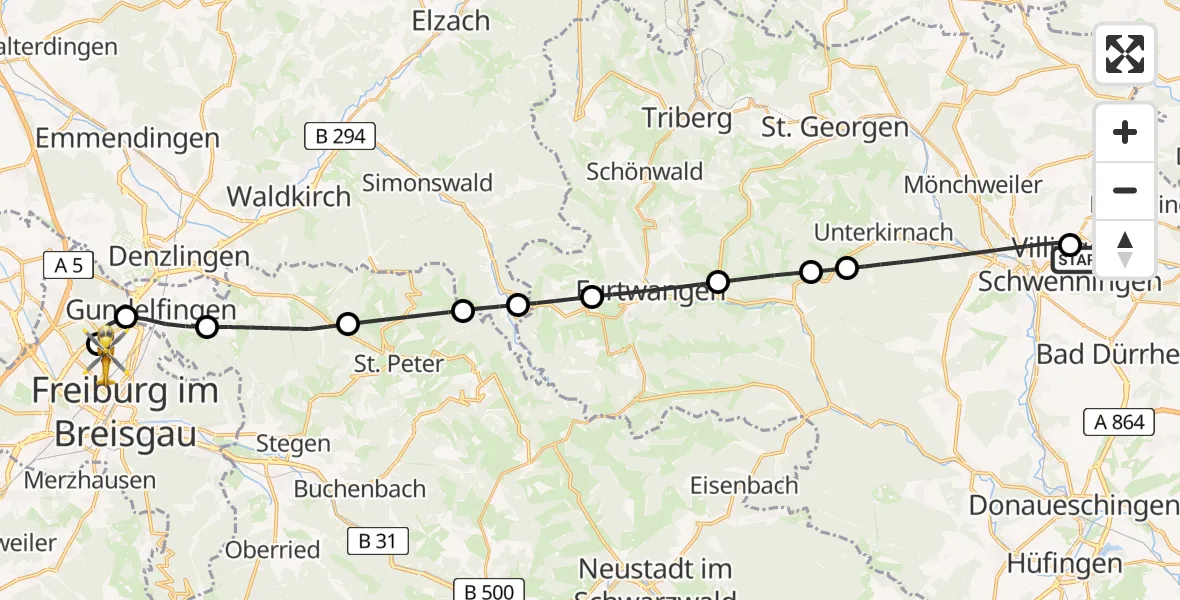 Flugroute Rettungshubschrauber DRF Air Rescue Station Villingen-Schwenningen Hubschrauberlandeplatz (Christoph 11) - Freiburg im Breisgau Flugplatz, 07 April 2026, 11:19