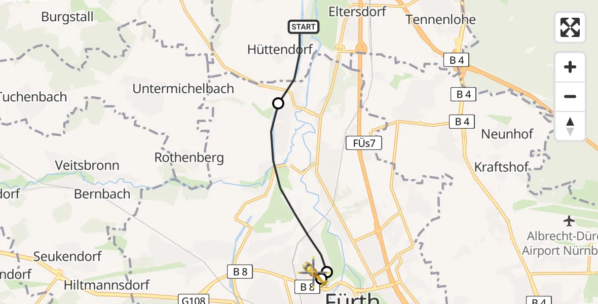 Flugroute Rettungshubschrauber Erlangen - Fürth Hospital, 07 April 2026, 11:25