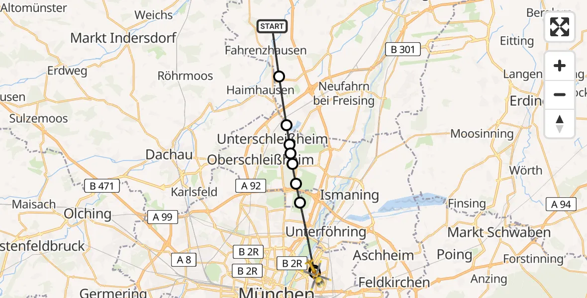 Flugroute Rettungshubschrauber Fahrenzhausen - München Bogenhausen Hospital, 07 April 2026, 11:27