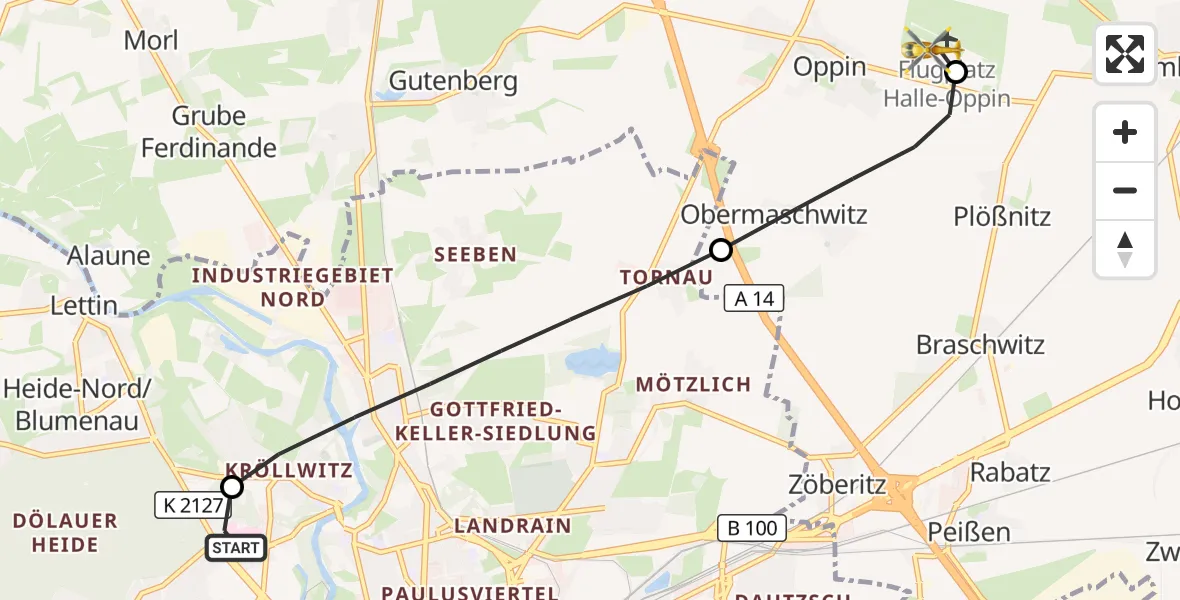 Flugroute Ambulanzhubschrauber Halle (Saale) University Hospital - Halle-Oppin Flugplatz, 07 April 2026, 11:35