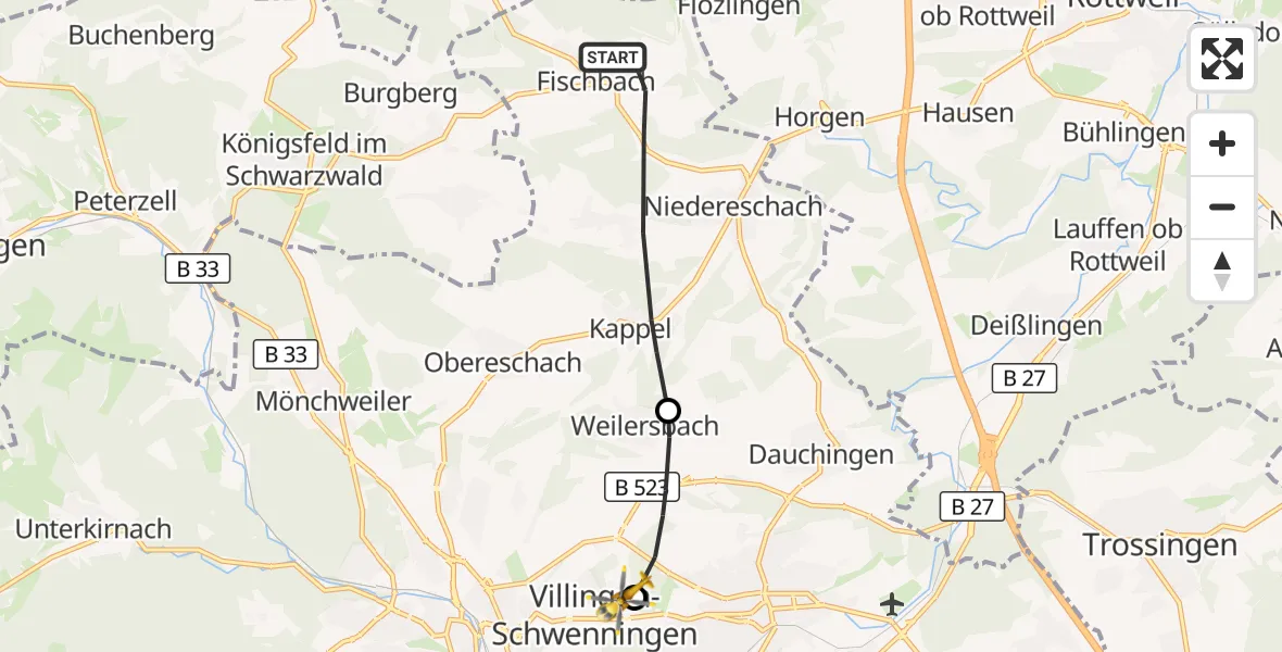 Flugroute Rettungshubschrauber Niedereschach - DRF Air Rescue Station Villingen-Schwenningen Hubschrauberlandeplatz (Christoph 11), 07 April 2026, 11:36