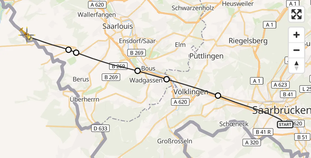 Flugroute Rettungshubschrauber Saarbrücken - Wallerfangen, 07 April 2026, 11:38