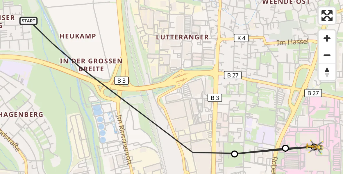 Flugroute Rettungshubschrauber Göttingen - Göttingen University Clinic Hubschrauberlandeplatz, 07 April 2026, 11:47