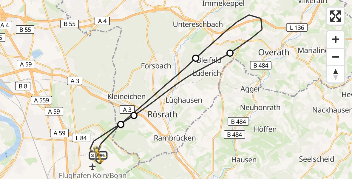 Flugroute Rettungshubschrauber Köln Bonn Flughafen - Köln Bonn Flughafen, 07 April 2026, 11:48