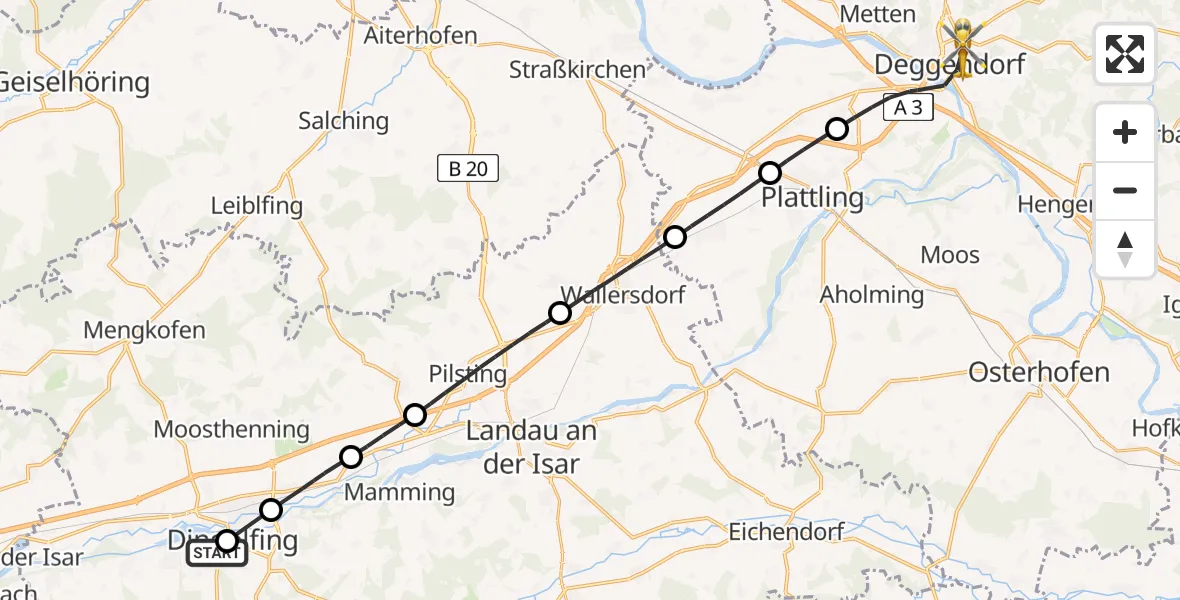 Flugroute Rettungshubschrauber DonauIsar Hospital Dingolfing - Deggendorf, 07 April 2026, 11:50