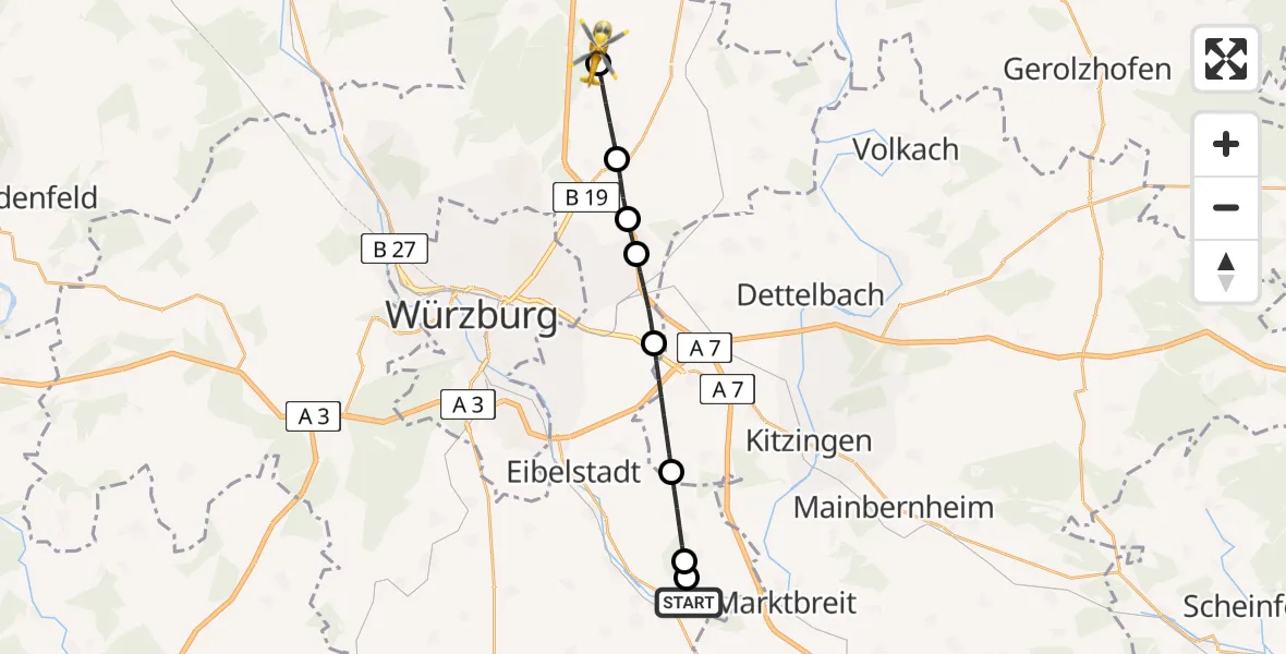 Flugroute Rettungshubschrauber Ochsenfurt - Hausen b.Würzburg, 07 April 2026, 11:54