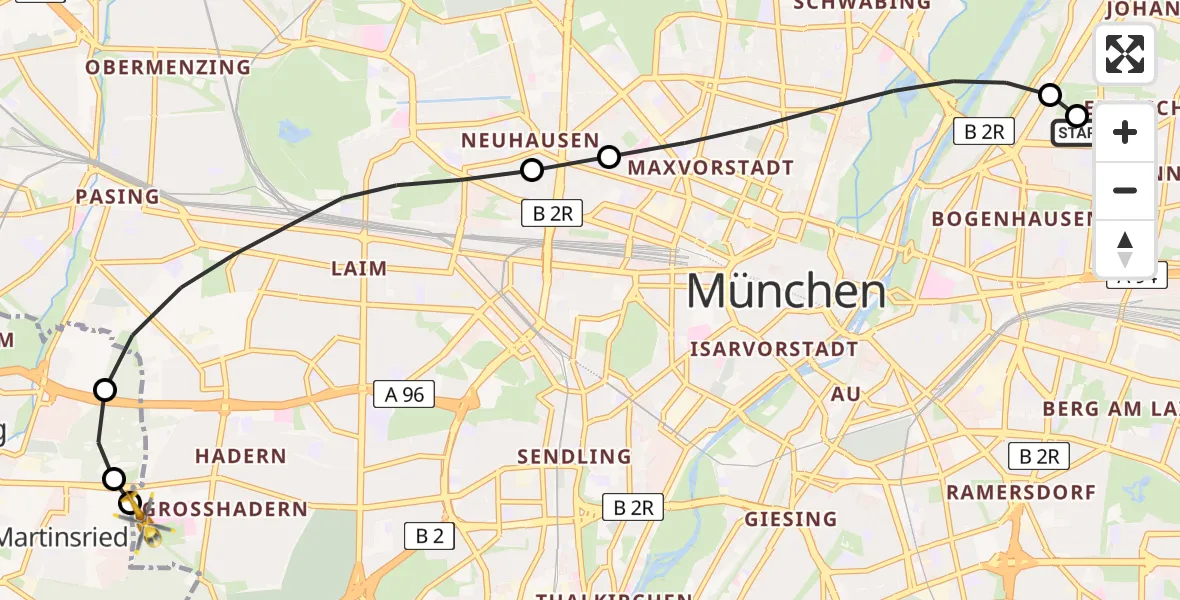 Flugroute Rettungshubschrauber München Bogenhausen Hospital - DRF Air Rescue München Hubschrauberlandeplatz, 07 April 2026, 11:59
