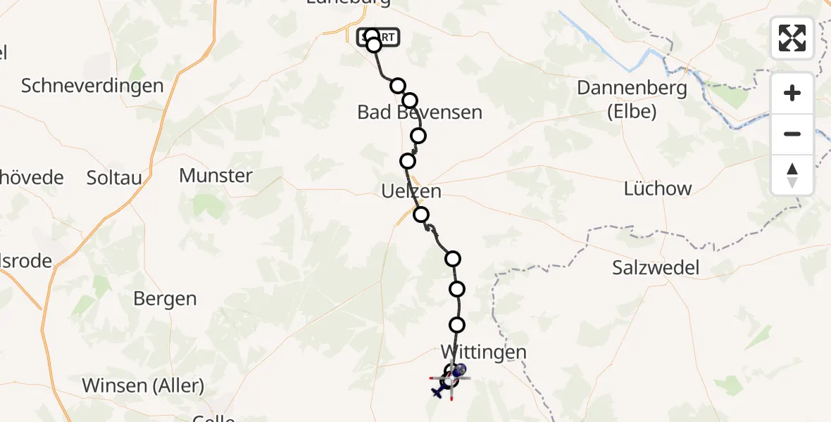 Routekaart van de vlucht: Polizeihubschrauber nach Wittingen, Serviceweg am Elbe-Seitenkanal West