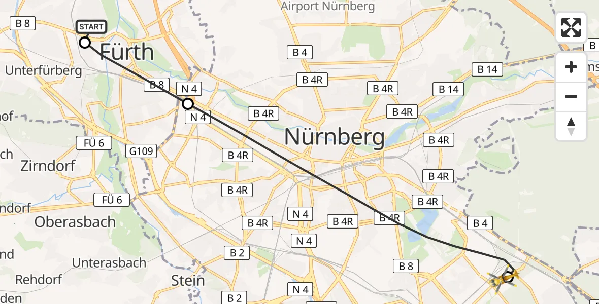 Flugroute Rettungshubschrauber Fürth Hospital - Nürnberg South Hospital, 07 April 2026, 12:06