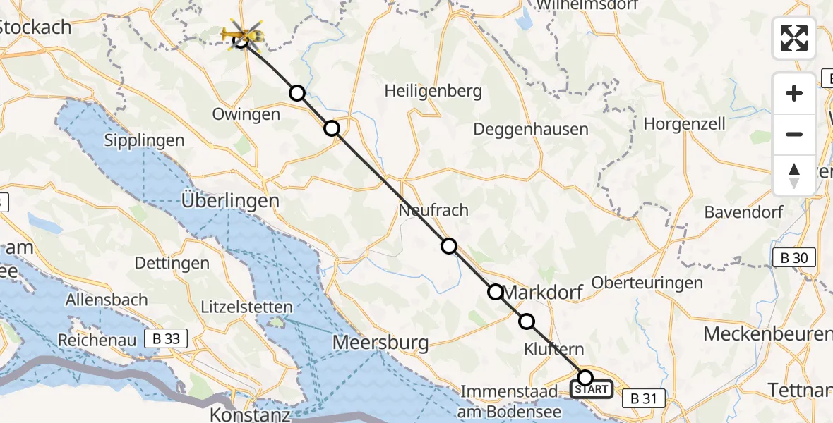 Flugroute Rettungshubschrauber Friedrichshafen Hospital - Herdwangen-Schönach, 07 April 2026, 12:09