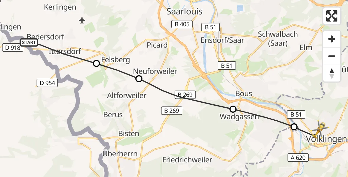 Flugroute Rettungshubschrauber Wallerfangen - Völklingen, 07 April 2026, 12:19