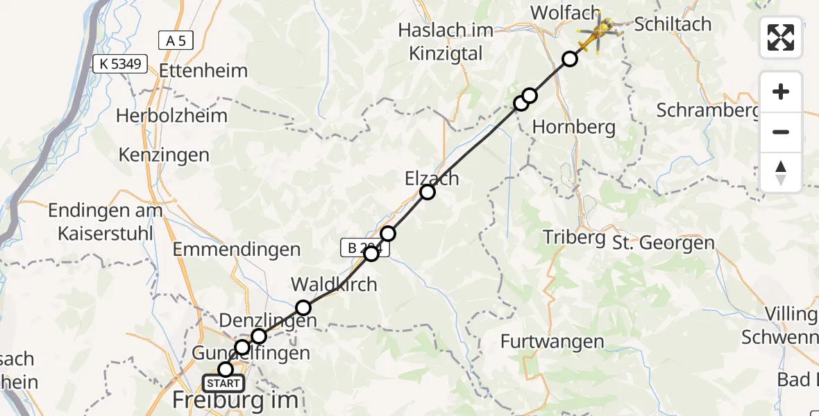 Flugroute Rettungshubschrauber Freiburg im Breisgau Flugplatz - Wolfach, 07 April 2026, 12:19