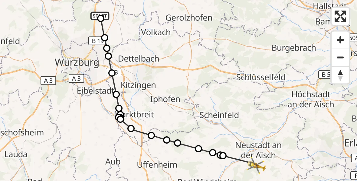 Flugroute Rettungshubschrauber Hausen b.Würzburg - Dietersheim, 07 April 2026, 12:21