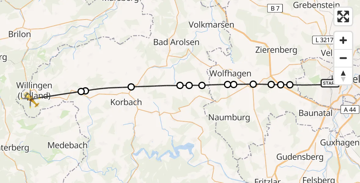 Flugroute Rettungshubschrauber Kassel - Willingen (Upland), 07 April 2026, 12:25