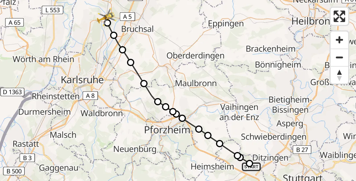 Flugroute Rettungshubschrauber Leonberg Hospital - Graben-Neudorf, 07 April 2026, 12:28