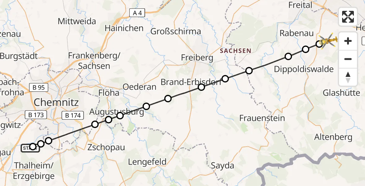 Flugroute Ambulanzhubschrauber Chemnitz/Jahnsdorf Flugplatz - Kreischa, 07 April 2026, 12:32