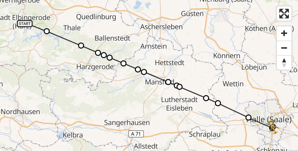 Flugroute Rettungshubschrauber Oberharz am Brocken - BG Hospital Bergmannstrost Halle, 07 April 2026, 12:41