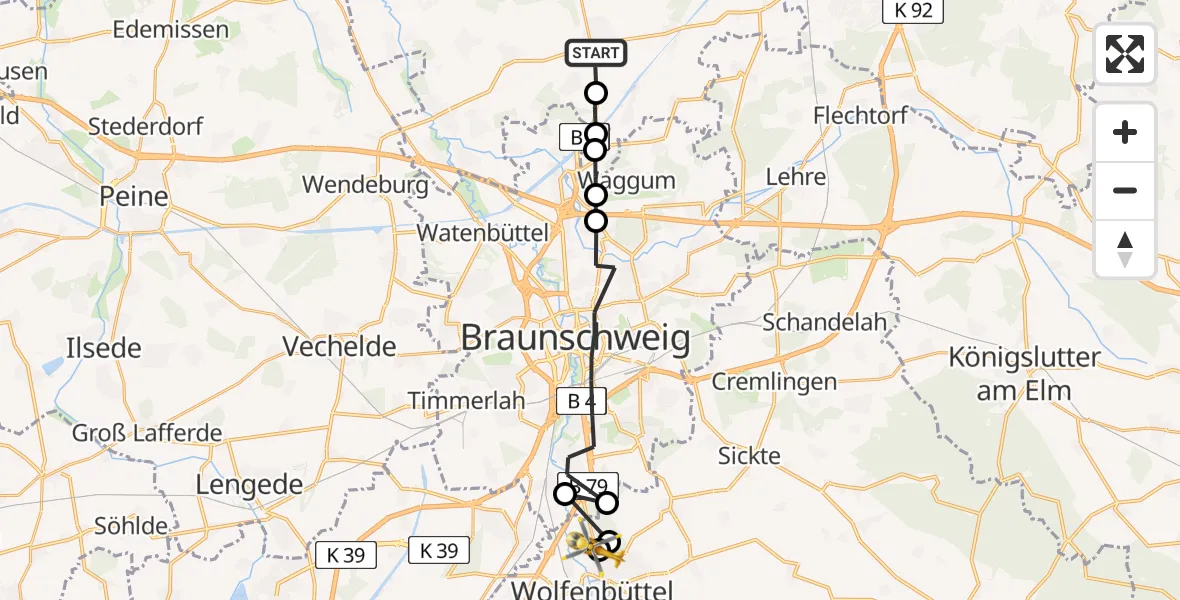 Flugroute Rettungshubschrauber Meine - Wolfenbüttel Municipal Hospital Heliport (Christoph 30), 07 April 2026, 13:00