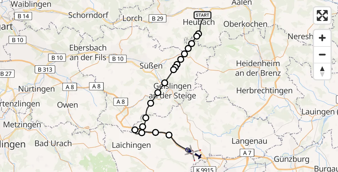 Flugroute Polizeihubschrauber Heubach - Dornstadt, 07 April 2026, 13:03
