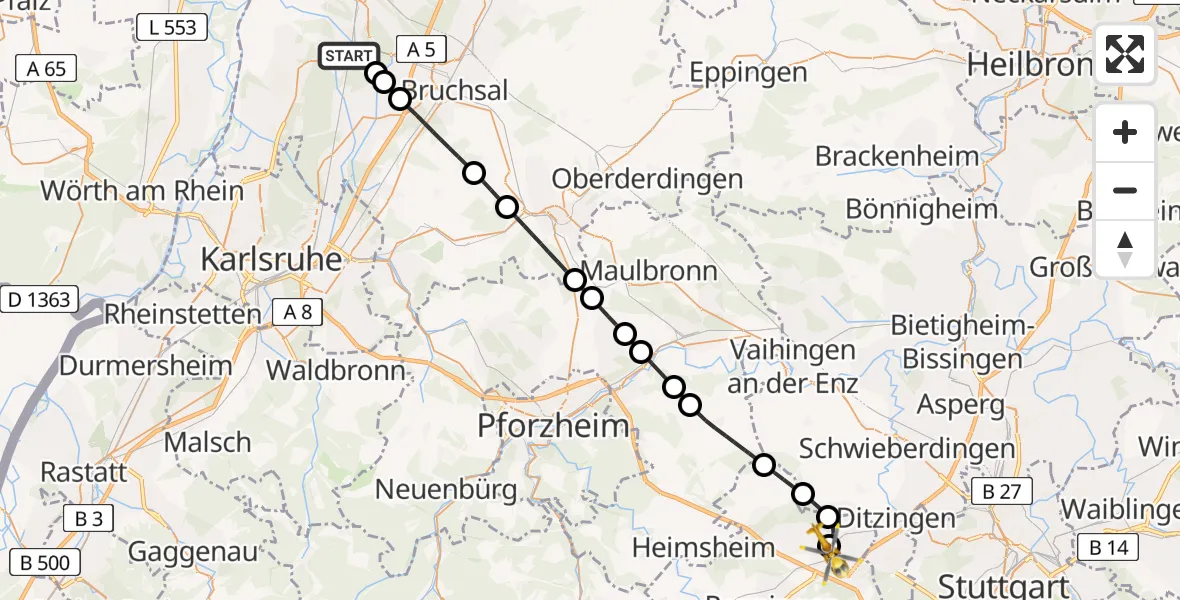 Flugroute Rettungshubschrauber Graben-Neudorf - Leonberg Hospital Hubschrauberlandeplatz, 07 April 2026, 13:18