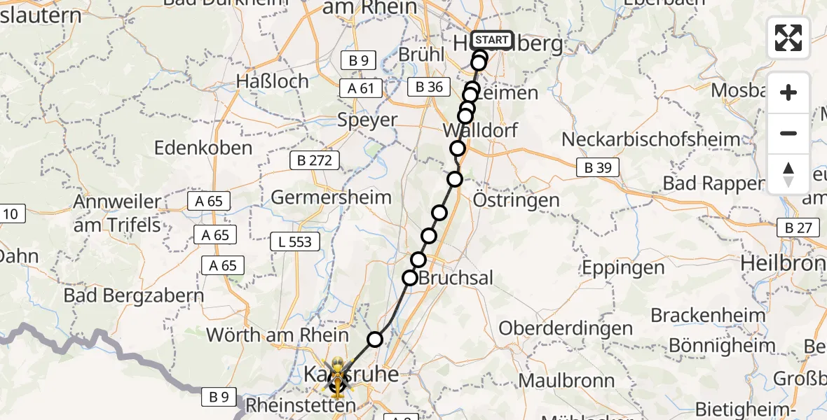 Flugroute Rettungshubschrauber Heidelberg - Sankt Vincentius Hospital, 07 April 2026, 13:19