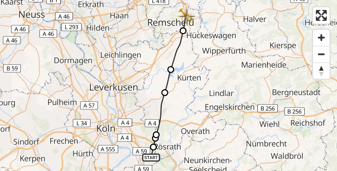 Flugroute Rettungshubschrauber Köln Bonn Flughafen - Remscheid, 07 April 2026, 13:23