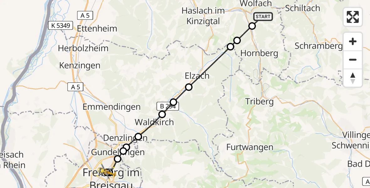 Flugroute Rettungshubschrauber Wolfach - Freiburg University Hospital Heliport 1, 07 April 2026, 13:26