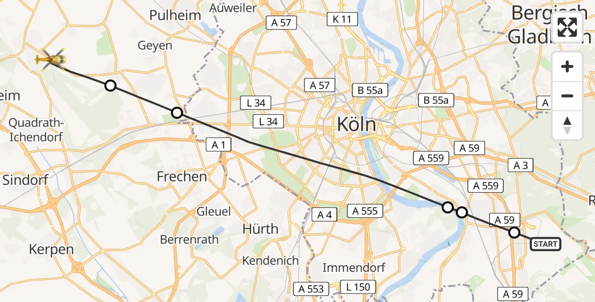 Flugroute Ambulanzhubschrauber Köln Bonn Flughafen - Bergheim, 07 April 2026, 13:37
