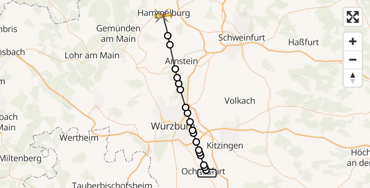 Flugroute Rettungshubschrauber Ochsenfurt Hospital - Hammelburg, 07 April 2026, 13:52