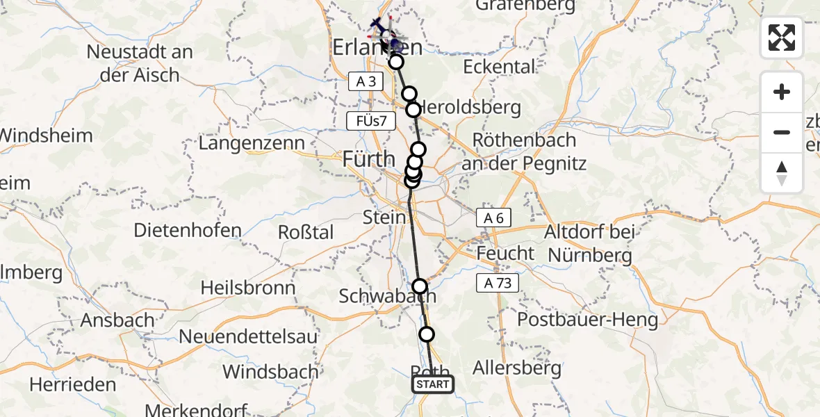 Flugroute Polizeihubschrauber Roth - Erlangen, 07 April 2026, 13:52