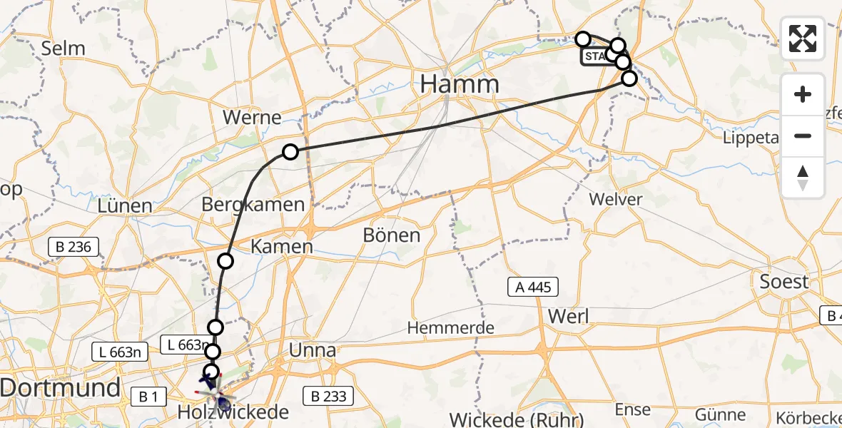 Flugroute Polizeihubschrauber Hamm - Dortmund Flughafen, 07 April 2026, 14:07