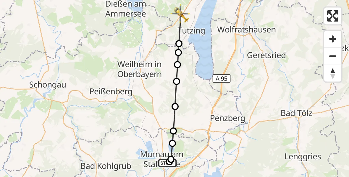 Flugroute Rettungshubschrauber Murnau Accident Hospital - Tutzing, 07 April 2026, 14:18