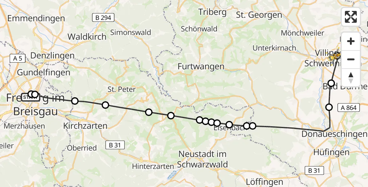 Flugroute Rettungshubschrauber Freiburg University Hospital Heliport 1 - DRF Air Rescue Station Villingen-Schwenningen Hubschrauberlandeplatz (Christoph 11), 07 April 2026, 14:18